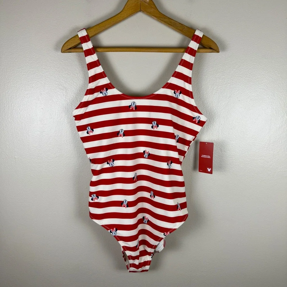Old Navy Women's Large One Piece Swimsuit Red Striped Disney Minnie Mouse NEW